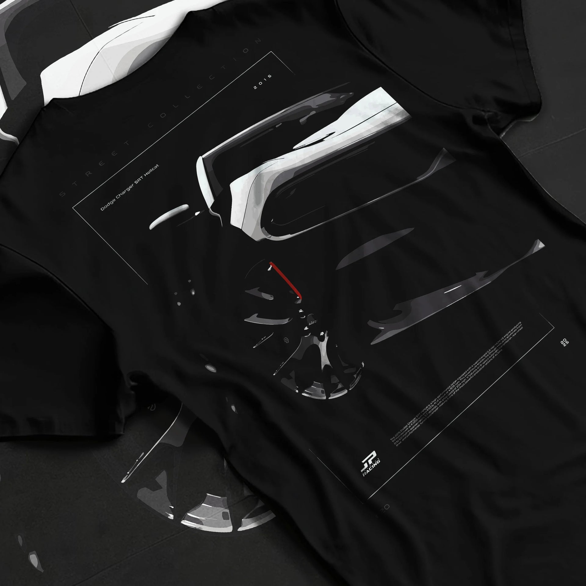 Black T-shirt laid flat with natural fabric folds, featuring Dodge Charger racing muscle street enthusiast performance graphic.