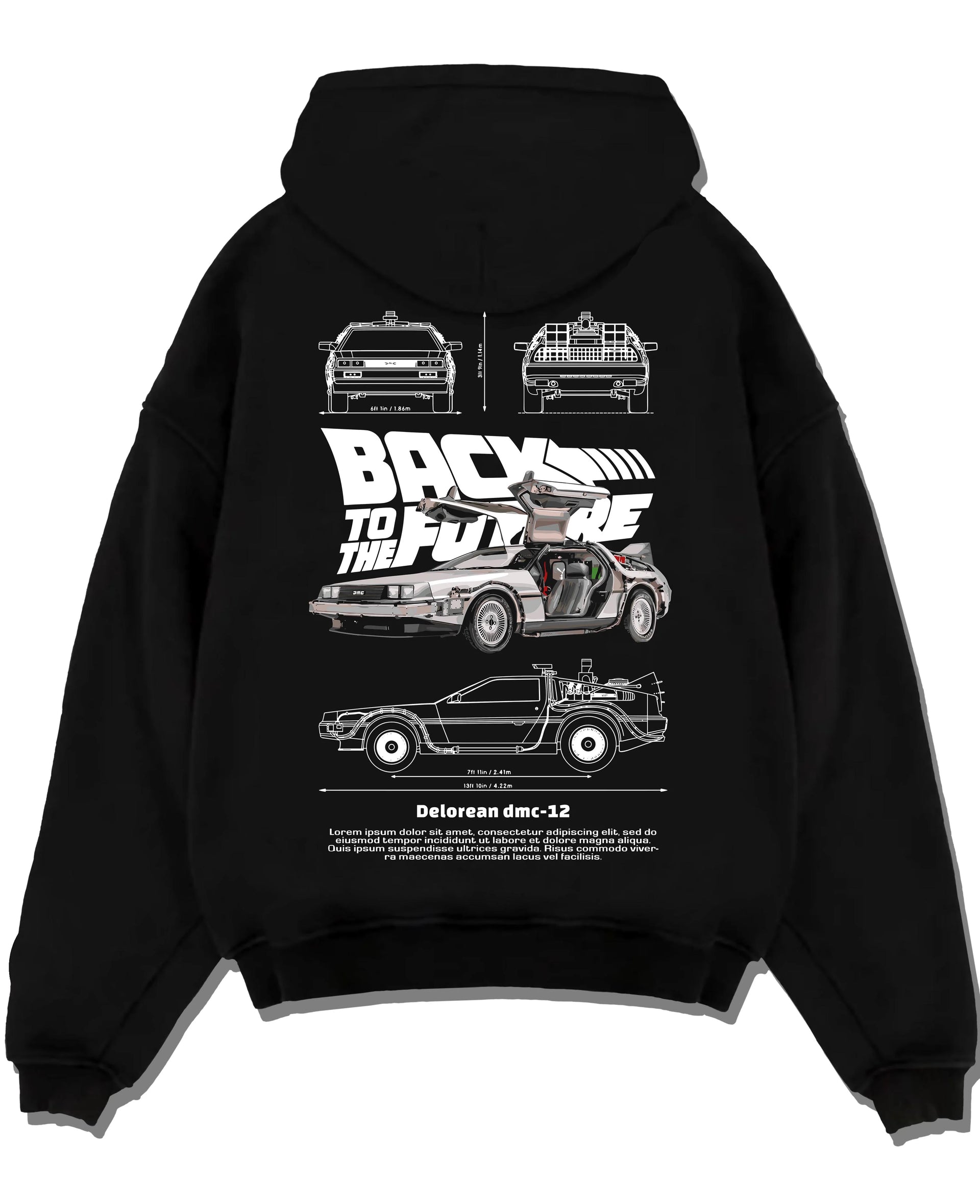 Black pullover hoodie laid flat on a white background, featuring DeLorean DMC-12 street retro racing performance motorsport dmcbtf.