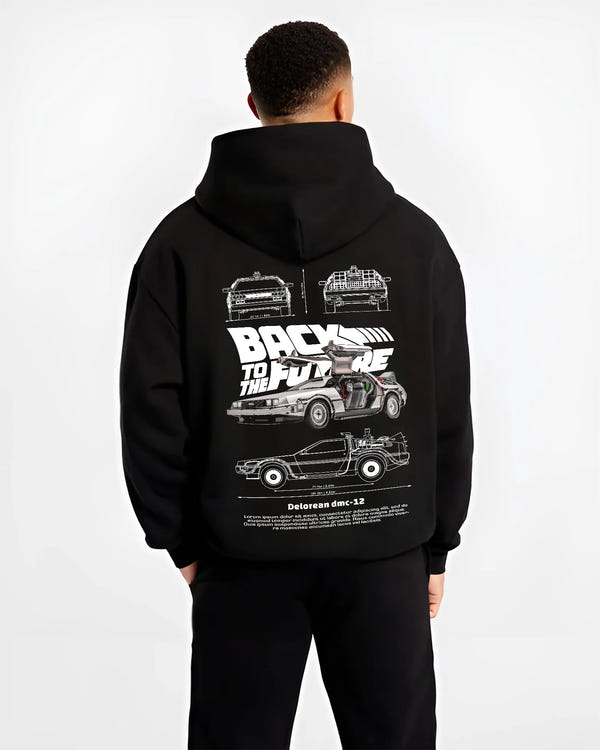 Black hoodie worn by a male model, back view, featuring DeLorean DMC-12 street retro racing performance motorsport dmcbtf.