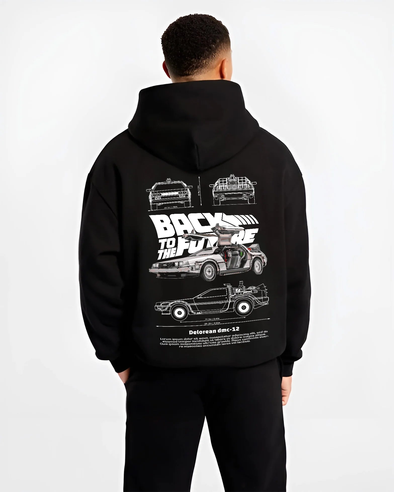 Black hoodie worn by a male model, back view, featuring DeLorean DMC-12 street retro racing performance motorsport dmcbtf.