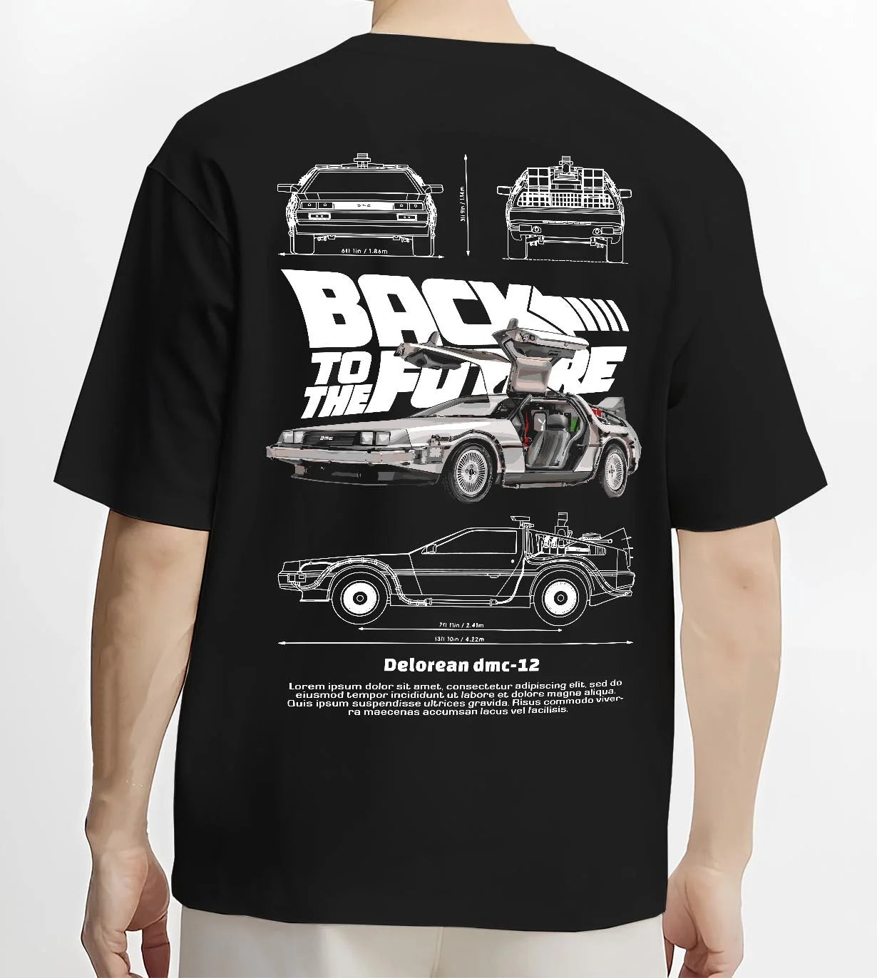 Black T-shirt worn by a male model, back view, featuring DeLorean DMC-12 street retro racing performance motorsport dmcbtf.
