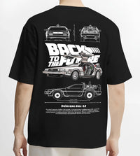 Black T-shirt worn by a male model, back view, featuring DeLorean DMC-12 street retro racing performance motorsport dmcbtf.
