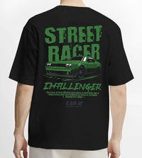 Black T-shirt worn by a male model, back view, featuring Dodge Challenger racing race muscle street retro enthusiast graphic.