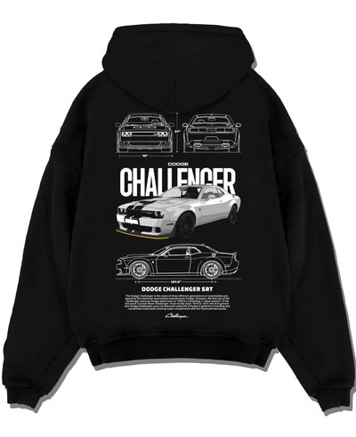 Black pullover hoodie laid flat on a white background, featuring Dodge Challenger srt turbo racing american muscle street graphic.