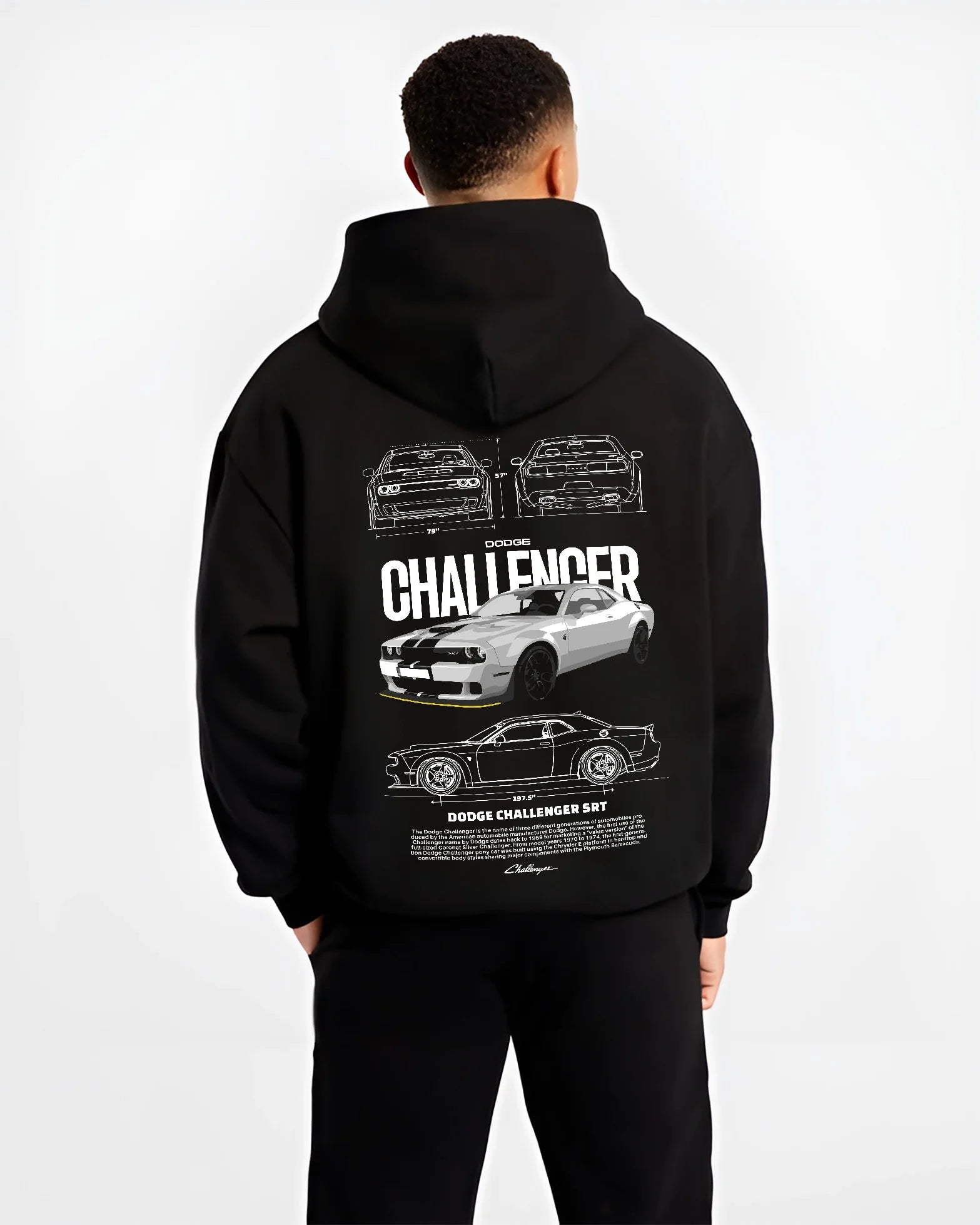 Black hoodie worn by a male model, back view, featuring Dodge Challenger srt turbo racing american muscle street classic graphic.