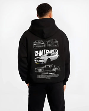 Black hoodie worn by a male model, back view, featuring Dodge Challenger srt turbo racing american muscle street classic graphic.
