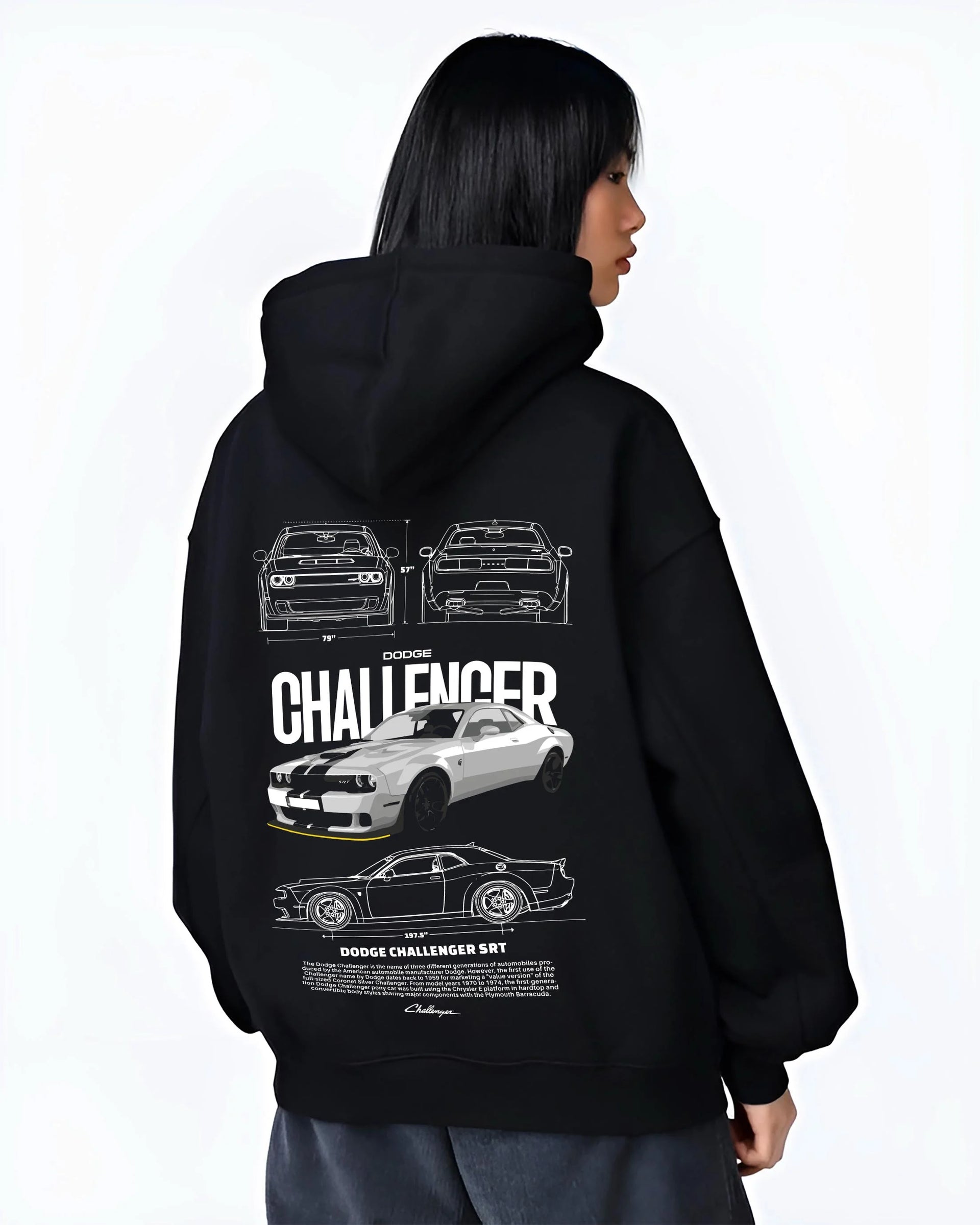 Black hoodie worn by a female model, back view, featuring Dodge Challenger srt turbo racing american muscle street classic graphic.