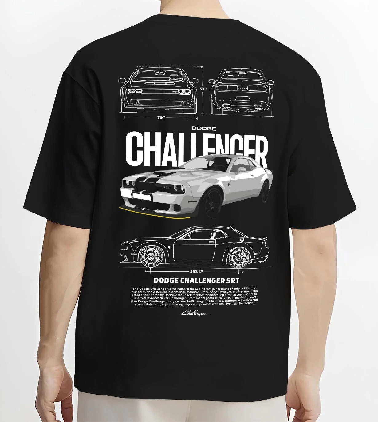 Black T-shirt worn by a male model, back view, featuring Dodge Challenger srt turbo racing american muscle street classic graphic.