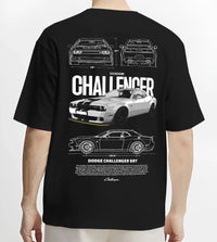 Black T-shirt worn by a male model, back view, featuring Dodge Challenger srt turbo racing american muscle street classic graphic.