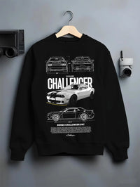 Black crewneck sweatshirt on a hanger against a grey wall, featuring Dodge Challenger srt turbo racing american muscle graphic.