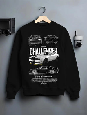 Black crewneck sweatshirt on a hanger against a grey wall, featuring Dodge Challenger srt turbo racing american muscle graphic.