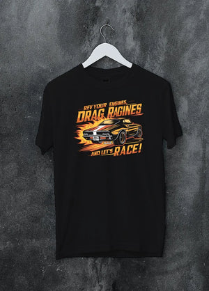 Black crewneck T-shirt on a hanger against a grey wall, featuring turbo racing drag muscle street retro performance graphic.