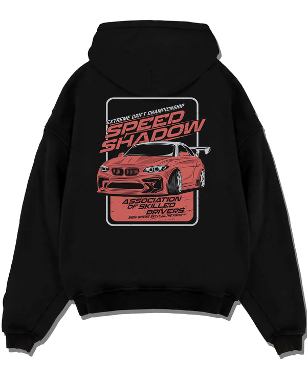 Black pullover hoodie laid flat on a white background, featuring rs racing drift motorsport street speed performance graphic.