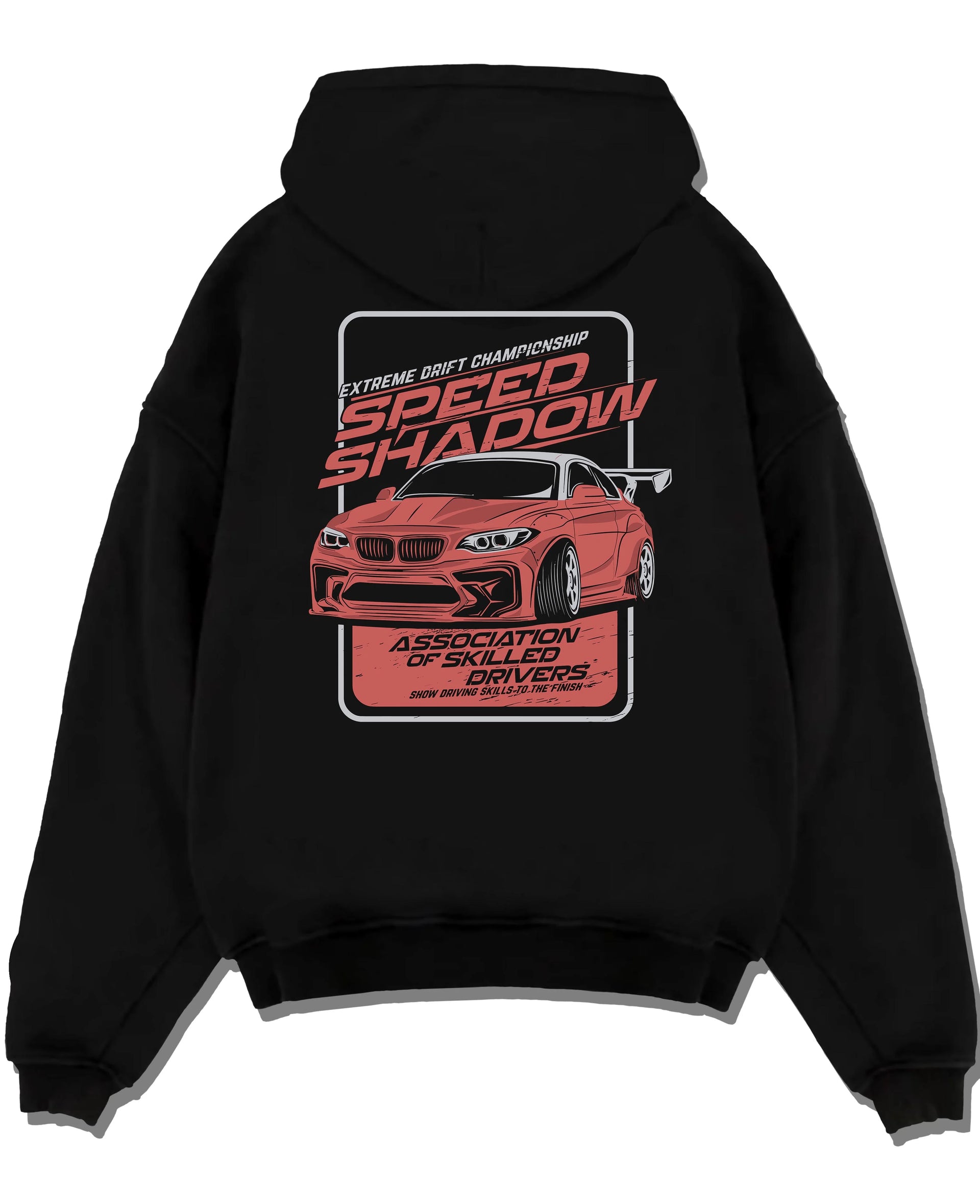 Black pullover hoodie laid flat on a white background, featuring rs racing drift motorsport street speed performance graphic.