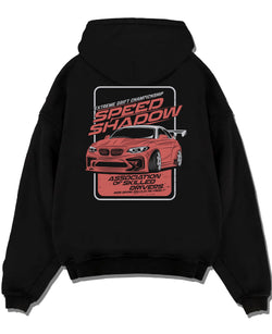 Black pullover hoodie laid flat on a white background, featuring rs racing drift motorsport street speed performance graphic.