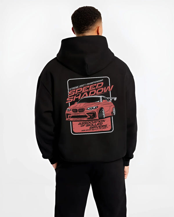 Black hoodie worn by a male model, back view, featuring rs racing drift motorsport street speed performance automotive graphic.