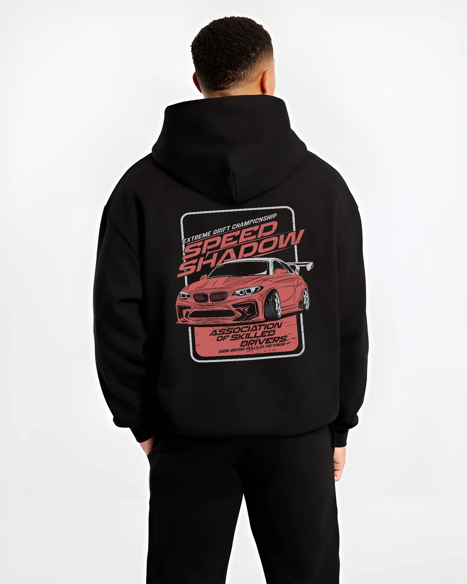 Black hoodie worn by a male model, back view, featuring rs racing drift motorsport street speed performance automotive graphic.