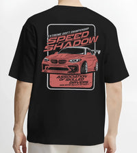 Black T-shirt worn by a male model, back view, featuring rs racing drift motorsport street speed performance automotive graphic.