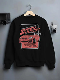 Black crewneck sweatshirt on a hanger against a grey wall, featuring rs racing drift motorsport street speed performance graphic.