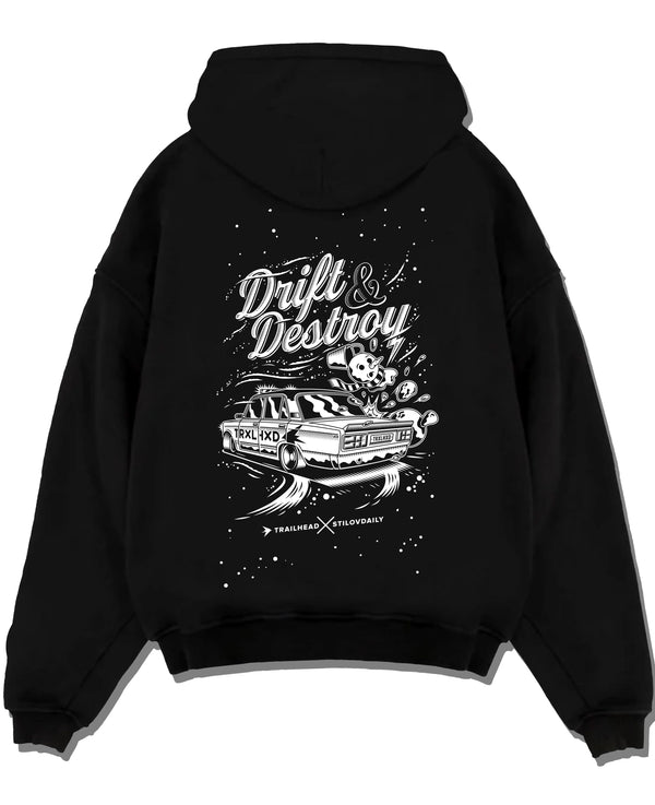 Black pullover hoodie laid flat on a white background, featuring racing drift street retro performance motorsport graphic.