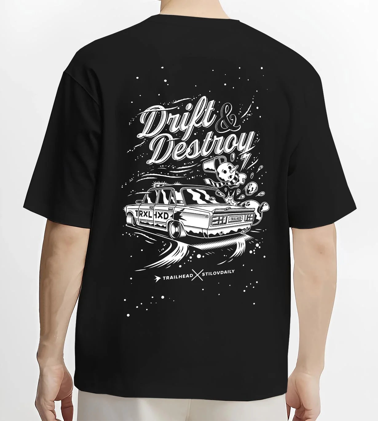 Black T-shirt worn by a male model, back view, featuring racing drift street retro performance motorsport automotive graphic.