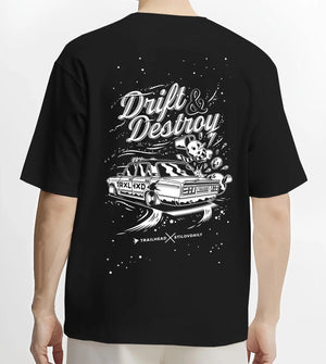 Black T-shirt worn by a male model, back view, featuring racing drift street retro performance motorsport automotive graphic.