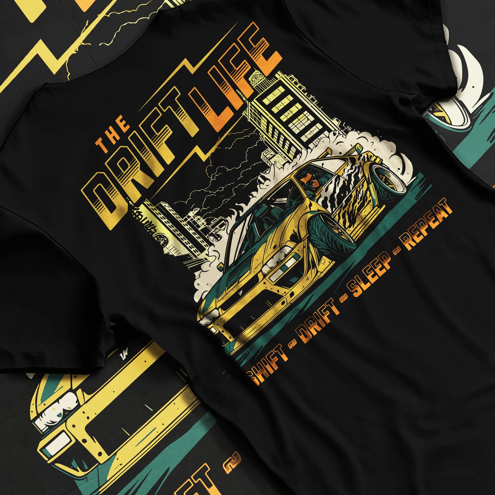 Black T-shirt laid flat with natural fabric folds, featuring racing drift jdm street retro vintage performance motorsport graphic.