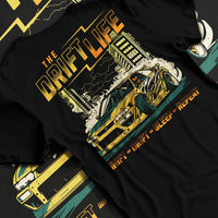 Black T-shirt laid flat with natural fabric folds, featuring racing drift jdm street retro vintage performance motorsport graphic.