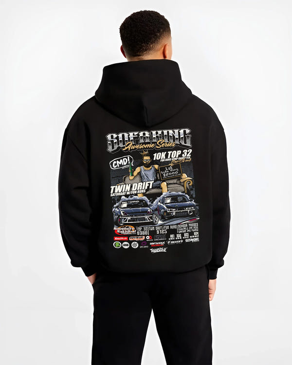 Black hoodie worn by a male model, back view, featuring racing drift jdm tuner street enthusiast show performance graphic.