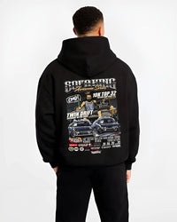 Black hoodie worn by a male model, back view, featuring racing drift jdm tuner street enthusiast show performance graphic.