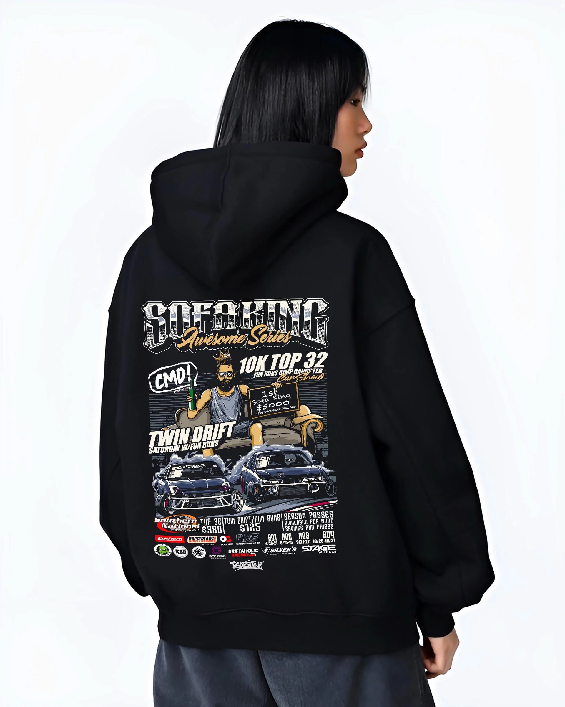 Black hoodie worn by a female model, back view, featuring racing drift jdm tuner street enthusiast show performance graphic.