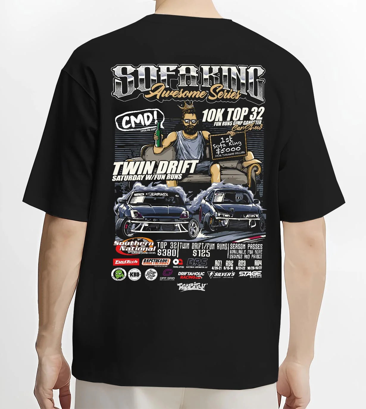 Black T-shirt worn by a male model, back view, featuring racing drift jdm tuner street enthusiast show performance graphic.