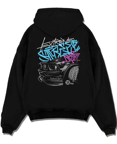 Black pullover hoodie laid flat on a white background, featuring drift jdm tuner street enthusiast racing performance graphic.