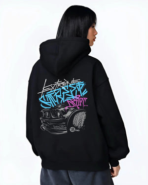 Black hoodie worn by a female model, back view, featuring drift jdm tuner street enthusiast racing performance motorsport graphic.