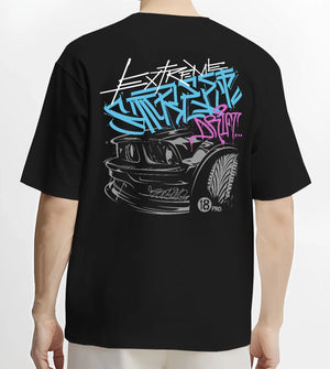 Black T-shirt worn by a male model, back view, featuring drift jdm tuner street enthusiast racing performance motorsport graphic.