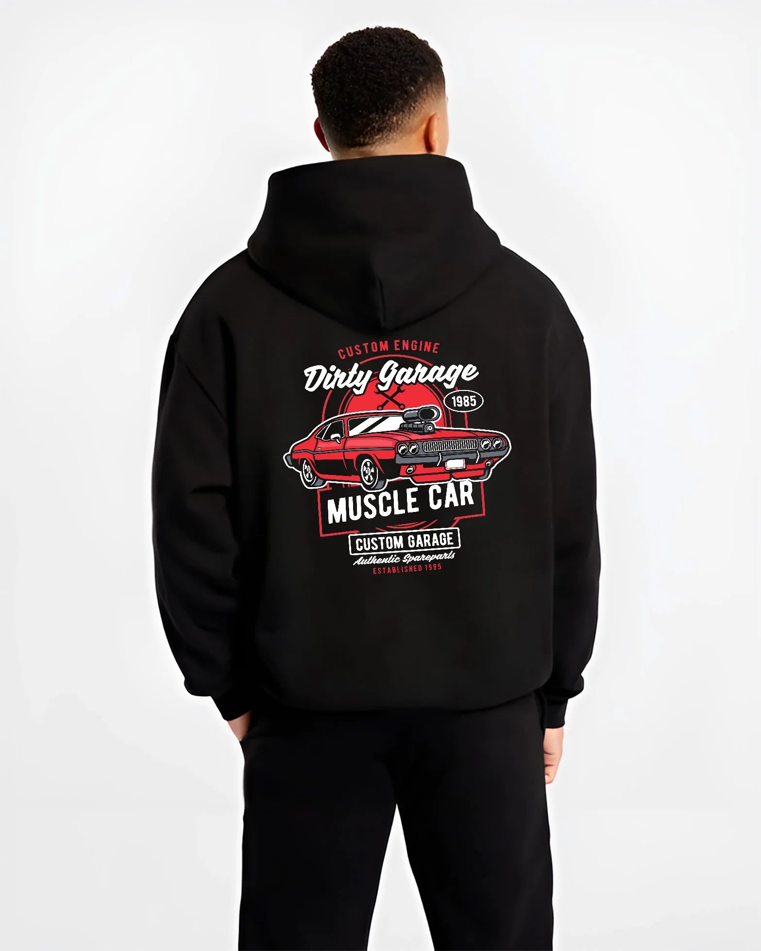 Black hoodie worn by a male model, back view, featuring muscle street classic enthusiast racing performance motorsport graphic.