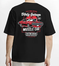 Black T-shirt worn by a male model, back view, featuring muscle street classic enthusiast racing performance motorsport graphic.