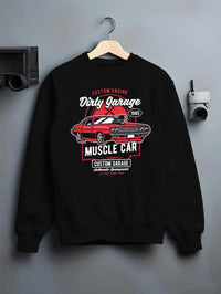 Black crewneck sweatshirt on a hanger against a grey wall, featuring muscle street classic enthusiast racing performance graphic.