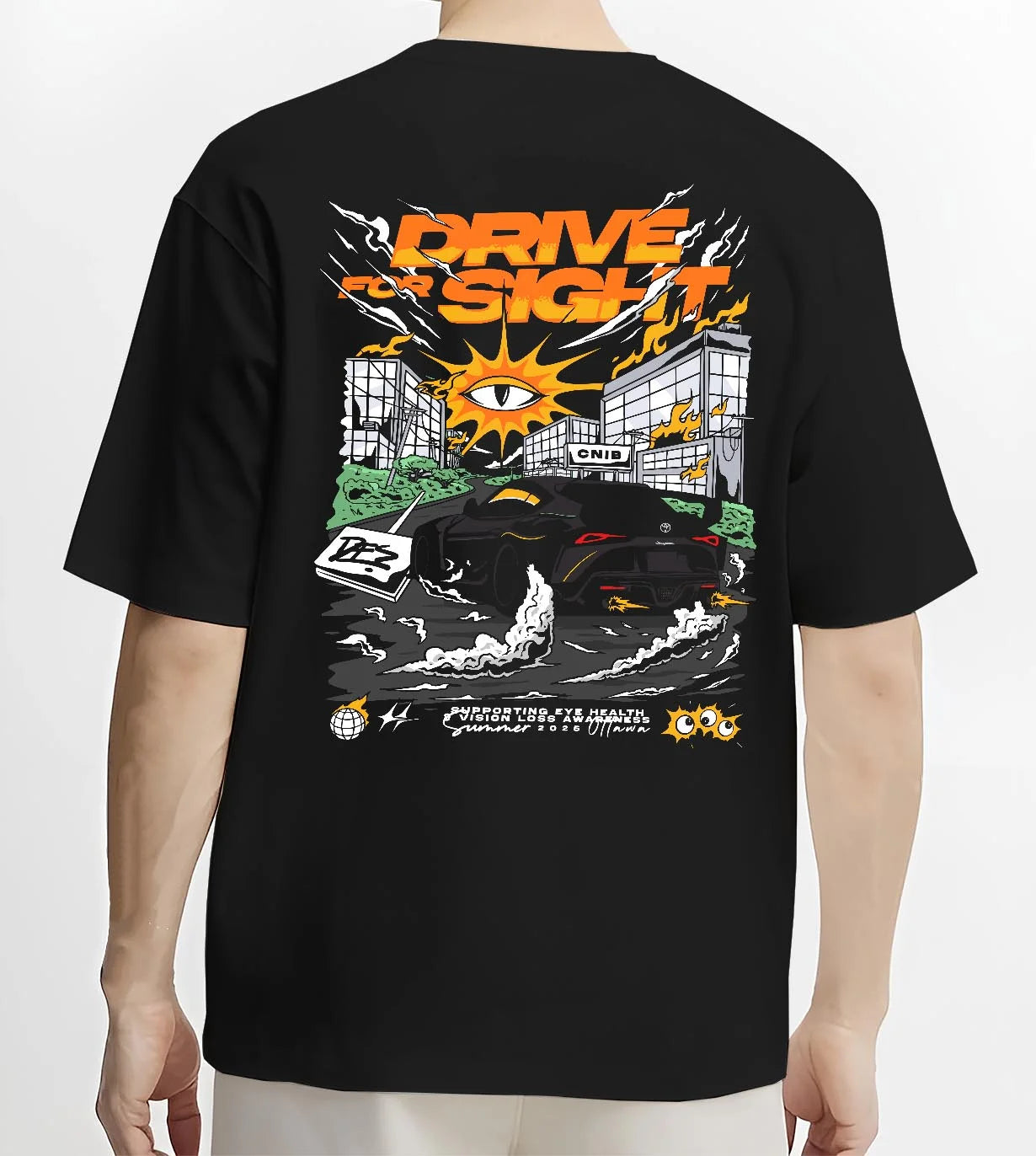Black T-shirt worn by a male model, back view, featuring racing drift street performance motorsport automotive enthusiast graphic.