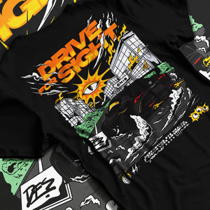 Black T-shirt laid flat with natural fabric folds, featuring racing drift street performance motorsport automotive graphic.