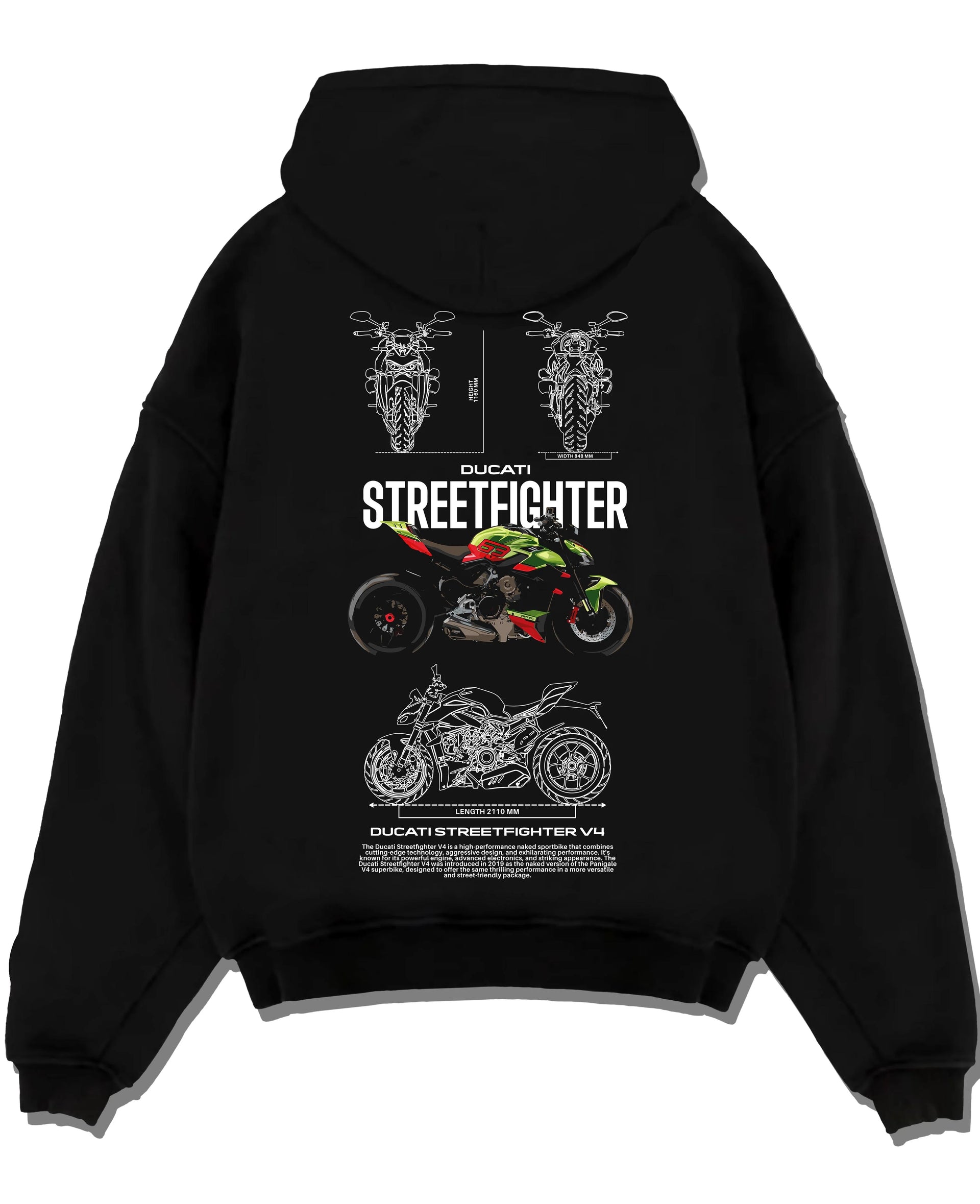 Black pullover hoodie laid flat on a white background, featuring Ducati Streetfighter racing street performance motorsport graphic.