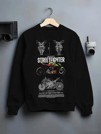 Black crewneck sweatshirt on a hanger against a grey wall, featuring Ducati Streetfighter racing street performance graphic.