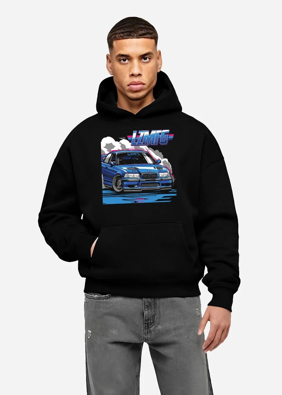 Black hoodie worn by a male model, front view, featuring BMW rs turbo racing drift motorsport euro german street retro graphic.
