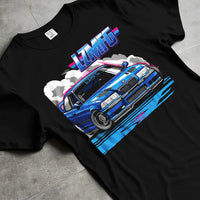 Black T-shirt laid flat with natural fabric folds, featuring BMW rs turbo racing drift motorsport euro german street retro e12cls.
