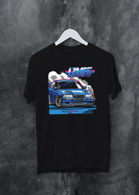 Black crewneck T-shirt on a hanger against a grey wall, featuring BMW rs turbo racing drift motorsport euro german street graphic.