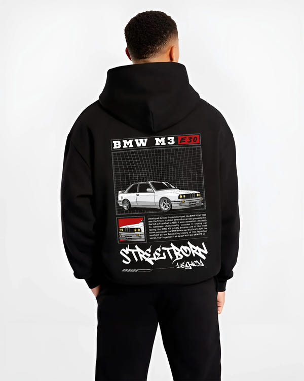 Black hoodie worn by a male model, back view, featuring BMW rs turbo racing drift motorsport euro street retro classic graphic.