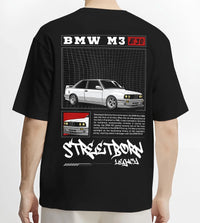 Black T-shirt worn by a male model, back view, featuring BMW rs turbo racing drift motorsport euro street retro classic graphic.