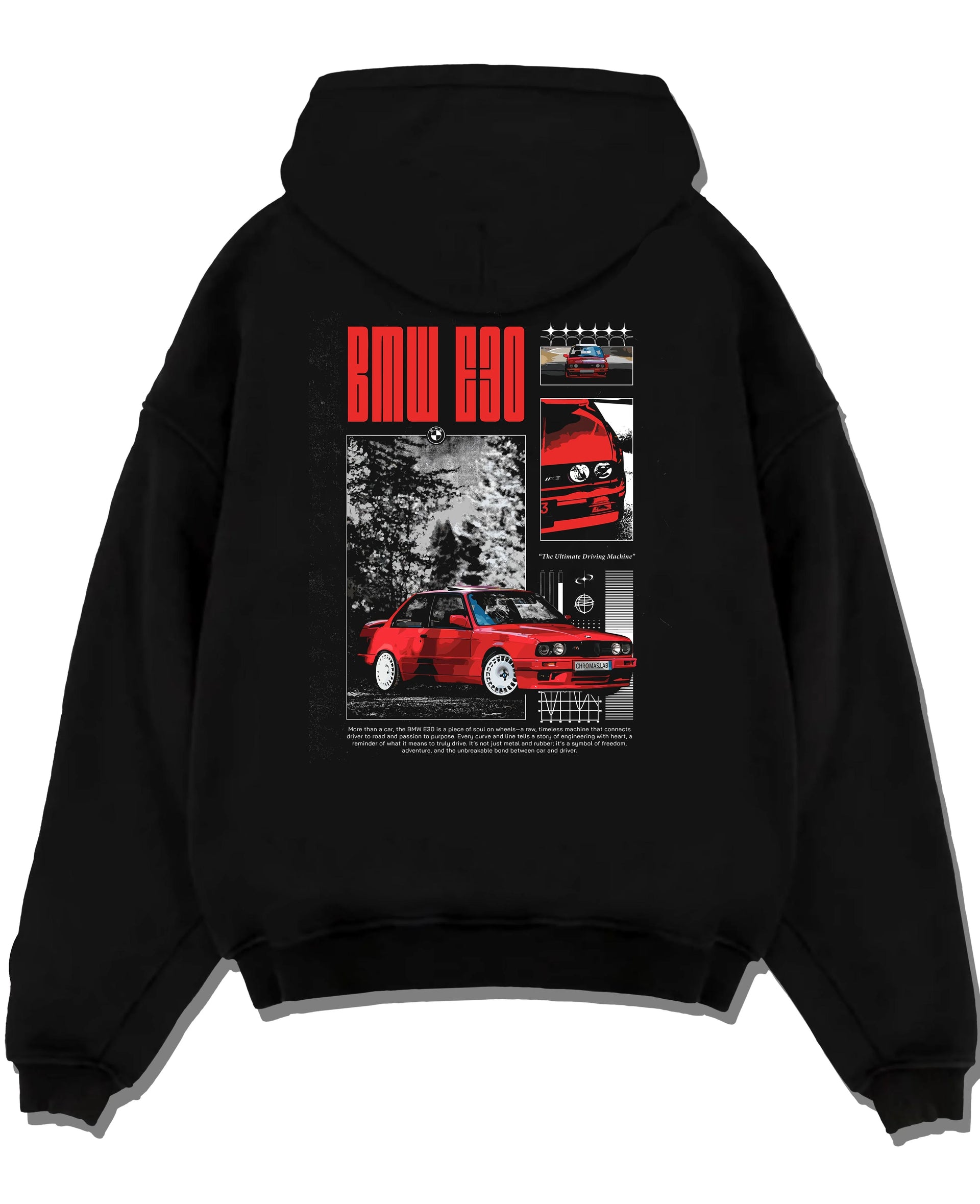 Black pullover hoodie laid flat on a white background, featuring BMW rs turbo racing drift motorsport euro german street graphic.