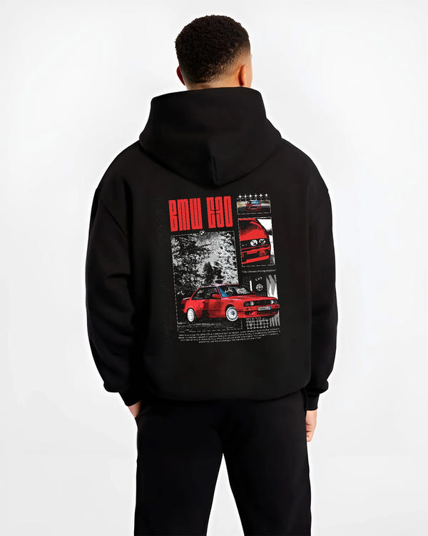 Black hoodie worn by a male model, back view, featuring BMW rs turbo racing drift motorsport euro german street retro graphic.