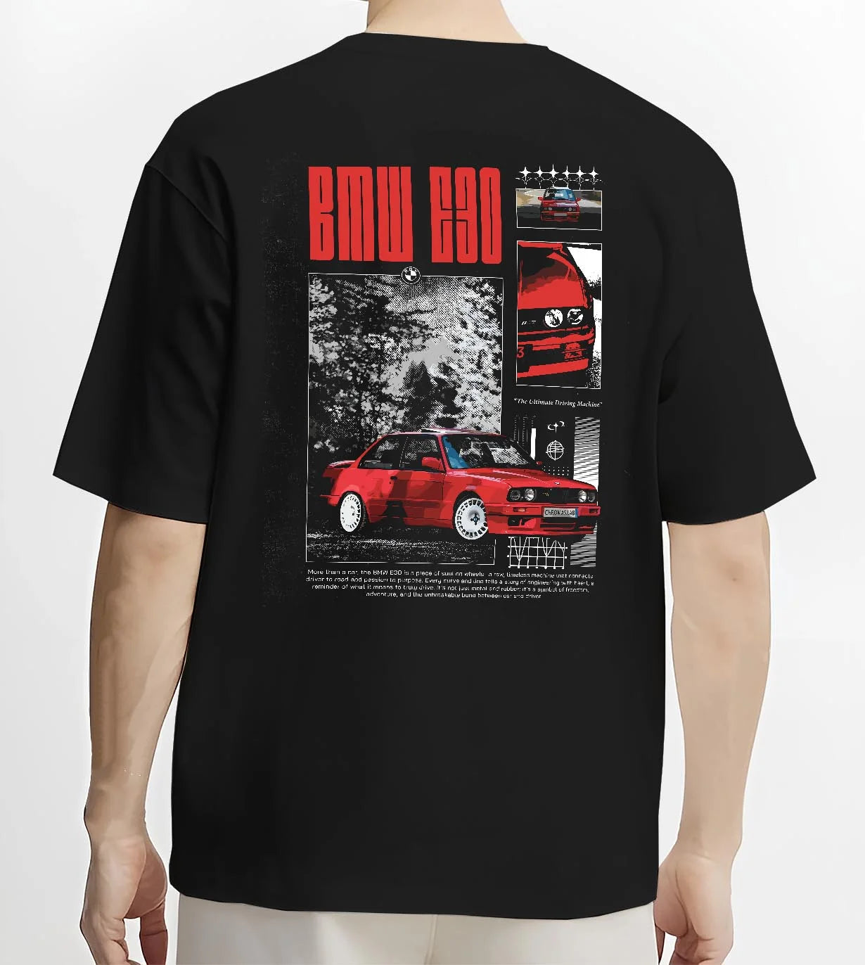 Black T-shirt worn by a male model, back view, featuring BMW rs turbo racing drift motorsport euro german street retro graphic.